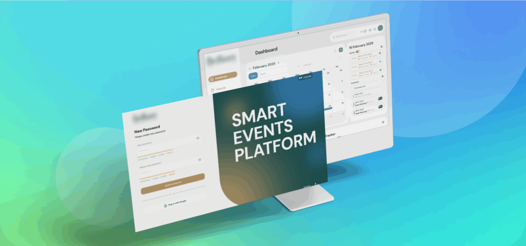 Smart Events Platform UI mockup showing dashboard and reset-password screen on a blue-green gradient.