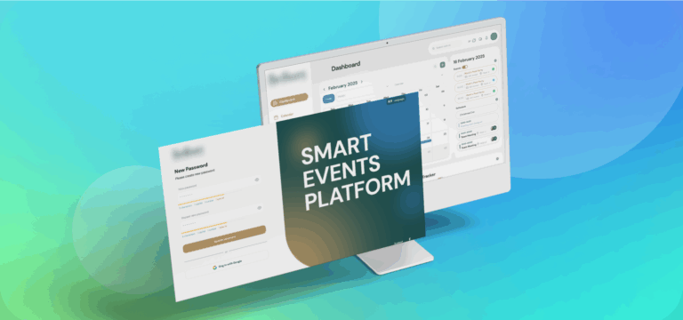Smart Events Platform UI mockup showing dashboard and reset-password screen on a blue-green gradient.
