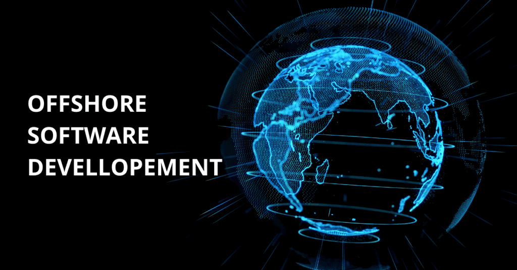 Digital globe with glowing blue lines representing global connectivity and text Offshore Software Development